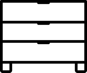 Minimalist line drawing of a chest of drawers with three drawers and small feet.