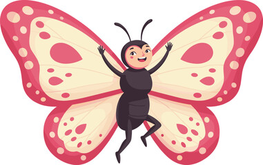 Cartoon butterfly character, human insect hybrid, cheerful winged creature, colorful vector illustration, playful fantasy design, educational bug concept, cute mascot
