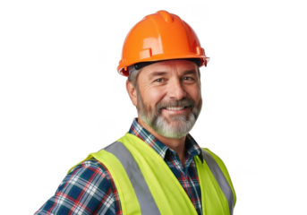 Smiling construction worker wearing orange hard hat and high visibility vest isolated on transparent background