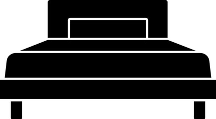 A black silhouette of a bed with a headboard and pillow, depicted in a simple, minimalist style.