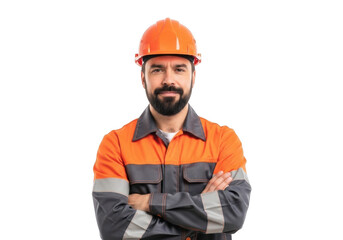 Fototapeta premium A confident bearded construction worker wearing an orange hard hat and reflective workwear stands with arms crossed isolated on transparent background