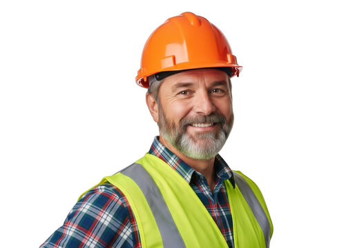 Smiling construction worker wearing orange hard hat and high visibility vest isolated on transparent background
