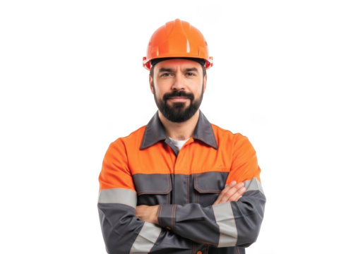 A confident bearded construction worker wearing an orange hard hat and reflective workwear stands with arms crossed isolated on transparent background