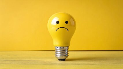 A yellow lightbulb with a sad face in front of a yellow background