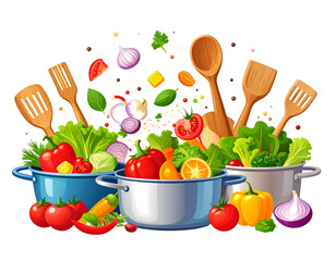 Cartoon Cooking Scene with Ingredients and Kitchen Utensils, Vector Style PNG