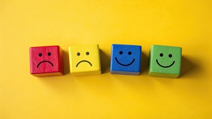 Blocks with Faces Representing Emotions Arranged on a Yellow Surface