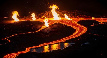 A breathtaking night spectacle of a volcanic eruption featuring fiery geysers and a glowing molten lava river, a cinematic display of raw geothermal energy