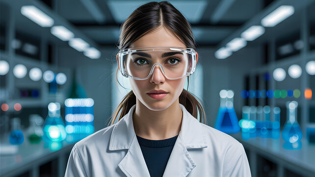 Serious young female scientist wearing safety goggles and lab coat in a modern research laboratory - Powered by Adobe
