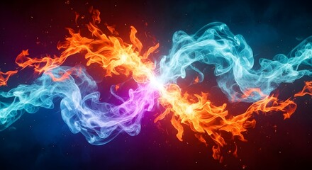 Fototapeta premium Energetic confrontation between fire and ice, with swirling orange magma-like flames and cool blue smoke creating a powerful burst of light