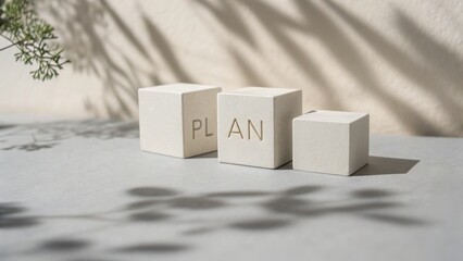 Geometric cubes displaying the word PLAN in a minimalist studio setting