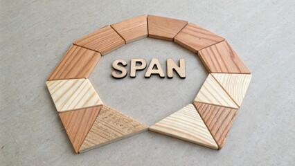Geometric wooden blocks forming an arc around the word SPAN