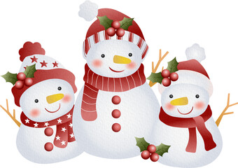 Illustration of Cute Snowman and Christmas Watercolor Hand Drawn Style