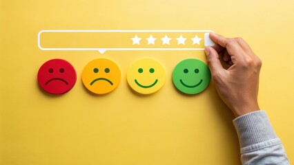 Person selecting customer satisfaction level with smiley face feedback
