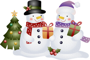 Illustration of Cute Snowman and Christmas Watercolor Hand Drawn Style