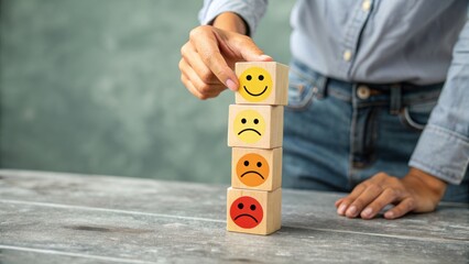 Person stacking wooden blocks depicting different emotions