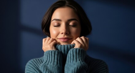 Beautiful female adult with perfect skin enjoying a moment of peace. Cozy winter fashion in a warm knitted sweater. Skincare and wellness concept for mindful living and self care