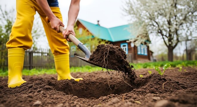 Gardener in yellow boots digging a hole in the soil with a shovel, preparing for planting background - Powered by Adobe