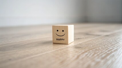 Wooden Cube With Happy Face Resting on a Wooden Surface