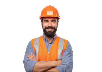 Friendly construction worker with beard wearing orange hard hat and reflective vest smiling with arms crossed isolated on transparent background