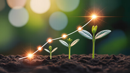 Small green sprouts growing from rich soil with a glowing upward trending line graph symbolizing growth and success