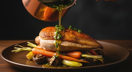 Gourmet roasted chicken breast with savory herb sauce. Fine dining presentation with root vegetables. Culinary arts concept for restaurant menu and gastronomy marketing. Chef preparing a main course