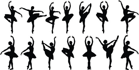 Ballet dancer silhouettes collection, graceful ballerina vector illustration, elegant dance pose design set, classical performance movement icons, artistic body motion shapes, 