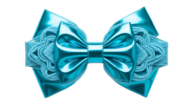 A shiny turquoise bow with intricate lace detailing isolated on a black background center composition