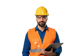 A serious construction worker wearing a yellow hard hat and orange safety vest holding a clipboard isolated on transparent background