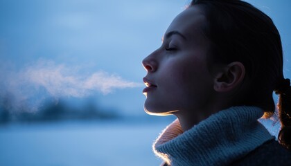 Woman exhaling warm breath in cold air — peaceful winter portrait at blue hour
