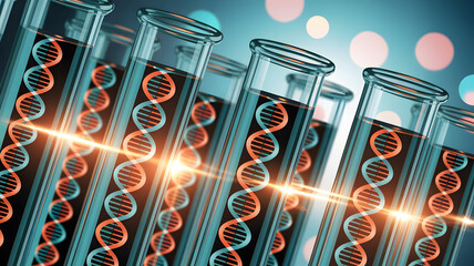 Abstract visualisation of dna strands within laboratory test tubes representing genetic research and scientific discovery