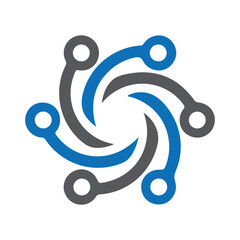 Swirl of network nodes and connections to symbolize tech, atom, science, or digital communities.