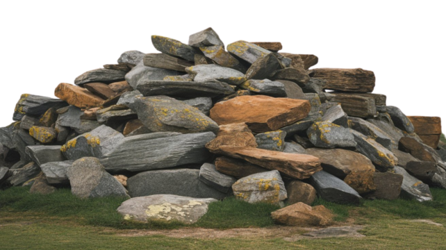 Stacked stones create natural cairn landmark with grassy base adding ruggedness to landscape