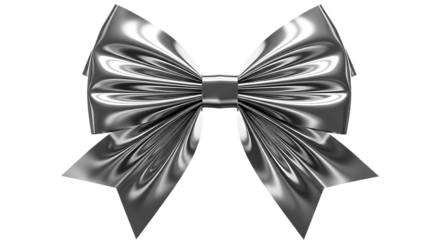 A shiny silver bow with a knot in the center against a black background for festive decorations