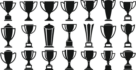 Trophy cup silhouettes collection, award prize vector illustration, championship symbol set, victory achievement design icons, sports success recognition shapes, cad drawing flat vector illustration