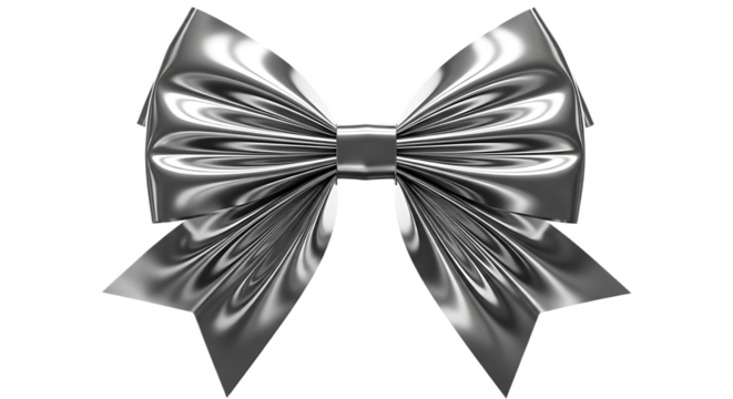 A shiny silver bow with a knot in the center against a black background for festive decorations