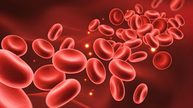 Microscopic view of circulating red blood cells flowing through a blood vessel with bokeh effect