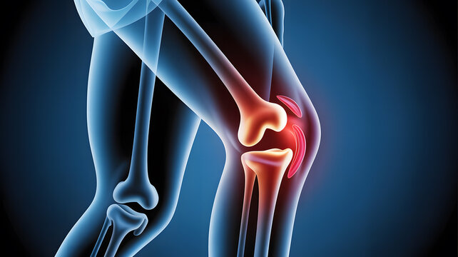 Anatomical illustration of a human knee joint showing inflammation and pain in the bone and cartilage
