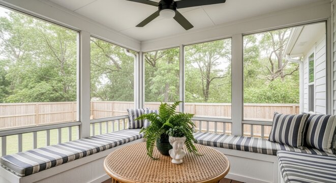 Stylish screened porch with custom bench seating. Modern sunroom interior with striped cushions and a wicker table. Outdoor living space for home relaxation and leisure