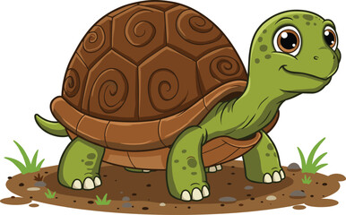 Cartoon turtle character, smiling reptile on dirt patch, cute green animal, brown shell design, educational vector illustration, friendly nature creature