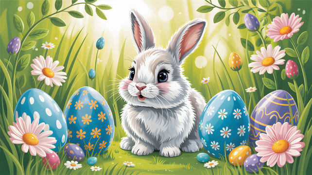 Adorable fluffy bunny rabbit sitting in a lush green meadow surrounded by colorful painted easter eggs and delicate wildflowers