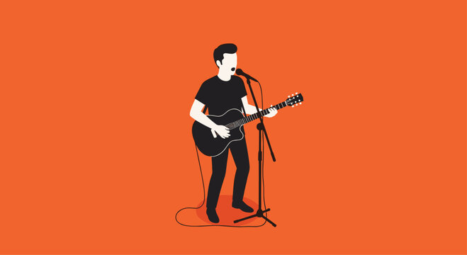 Passionate musician captivates audience playing guitar and singing live on stage with vibrant orange background
