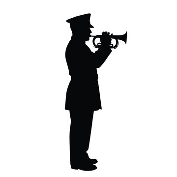 Silhouette of a military bugler playing a trumpet in uniform against a white background
