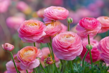 Fototapeta premium Vibrant Ranunculus Flowers Bloom in a Garden at Sunset With Soft Pink and Purple Hues