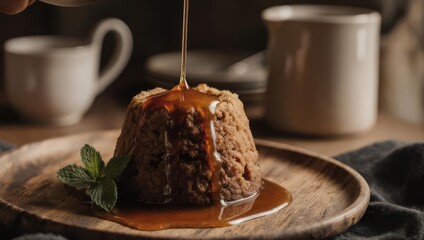 Delicious Sticky Toffee Pudding Drizzled with Warm Caramel Sauce and Garnished with Mint.