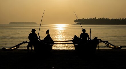 Silhouette of two fishermen with traditional outrigger canoes. Golden sunrise over a calm tropical sea. Local fishing industry and sustainable lifestyle. Travel and tourism concept