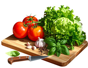 Fresh Ingredients on Cutting Board with Knife, Realistic Food Photography PNG