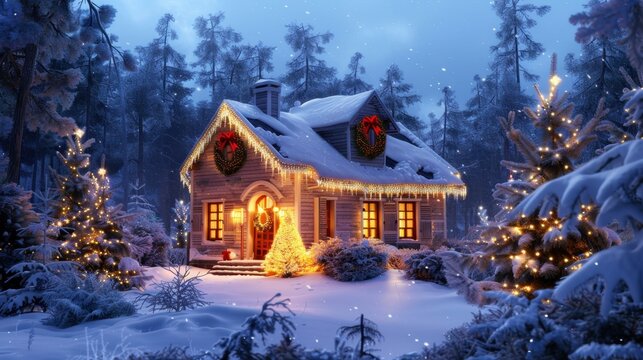 Snow-covered wooden cabin with warm lights in a forest at night, decorated Christmas trees, winter holiday scene.