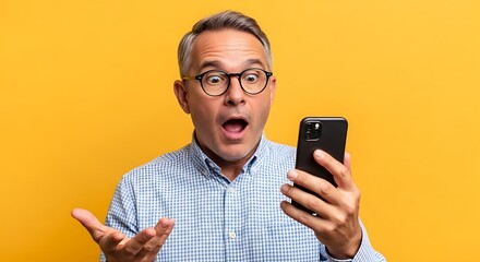 Man with glasses looking surprised at his smartphone with an open mouth background
