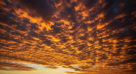 Dramatic fiery sky at sunset with textured altocumulus clouds. Golden hour light illuminating the atmosphere. Vibrant orange and yellow cloudscape for inspirational concepts