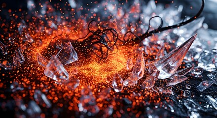 Cinematic close-up of a fiery explosion with glowing embers and shattered glass shards, with dark tendrils emerging from a molten core